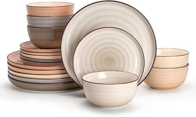 Sweese Plates and Bowls Sets, 18 Piece Dinnerware Set Porcelain Round Dinner Set for 6, Scratch Resistant Dishes Set, Dishwasher and Oven Microwave Safe Handpainted Swirl Dishware Sets, Neutral