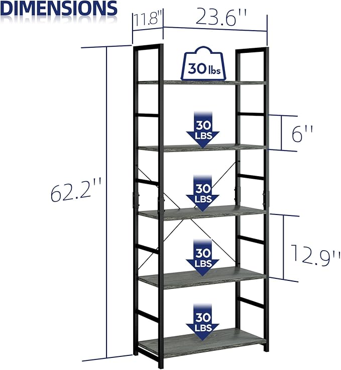 NUMENN 5 Tier Bookshelf, Tall Bookcase Shelf Storage Organizer, Modern Book Shelf for Bedroom, Living Room and Home Office, Dark Grey