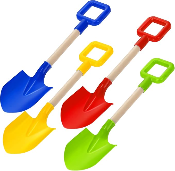 Honoson 4 Pack 16 Long Beach Spades Sand Shovels Toys Gardening Tools Sets Sandbox Sturdy Scoop Durable Wood Handle ABS Plastic Spade for Garden Sand Snow Backyard Summer Favors (Bright Color)