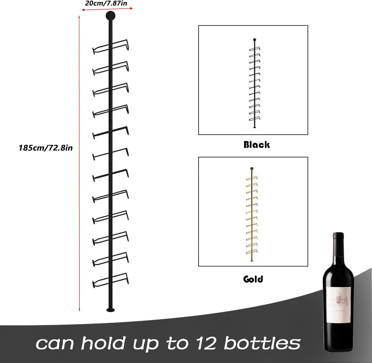 Wine Rack Wall Mounted, 72.8in High Metal Wine Bottle Holder for 12 Bottles, Kitchen Organization and Wine Storage for Commercial Restaurants Pantry Bar Wine Cellar (Gold, Two rows-24 Bottles)
