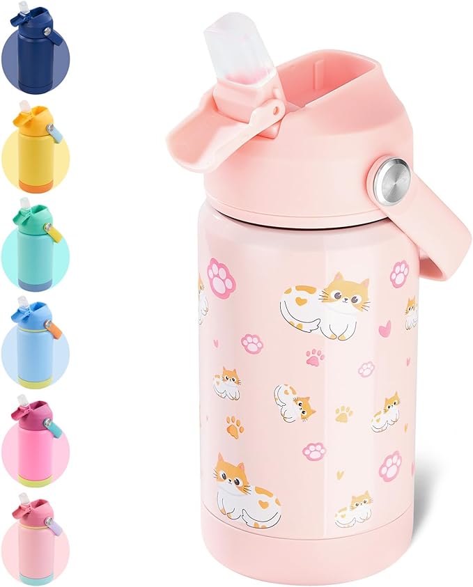 Kerilyn 12oz Kids Water Bottle, Stainless Steel Insulated Water Bottle For Kids, Toddler Cup With Straws Leak-proof, Kids Water Bottles For School Boys Girls, BPA Free, Kitty