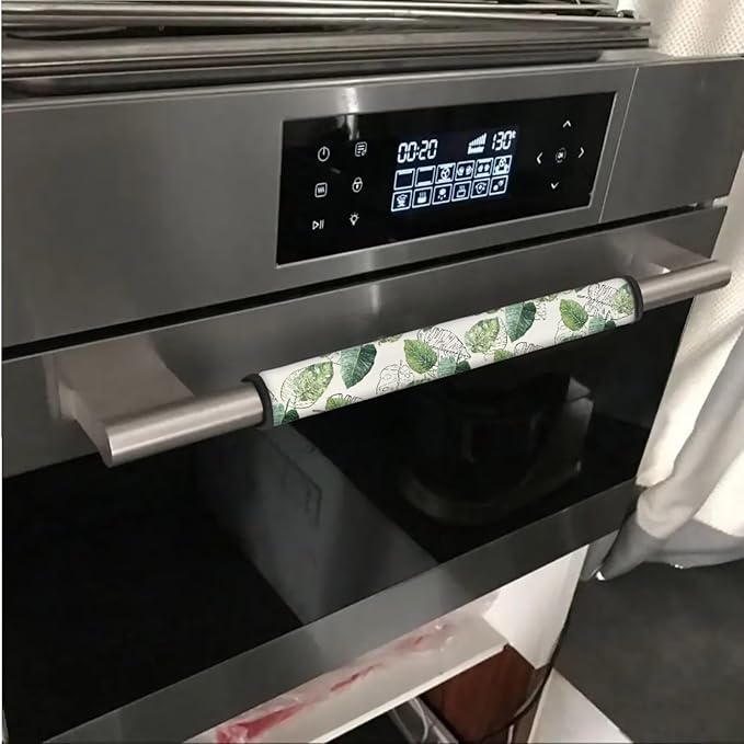 Fridge Door Handle Covers Set of 6 Washable Kitchen Electric Appliances Handle Protector Anti-Skid Home Decor Oven Refrigerator Microwave Accessories, Green Leave Cream White