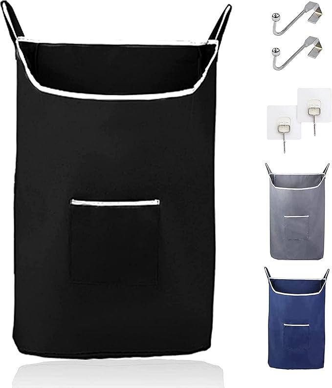 The Fine Living Co. X-Large Hanging Laundry Hamper with Over Door Hooks & Adhesive,Durable Space Saving Laundry Bag with Zipper and Wide Open Top,Hanging Dorm Laundry Hamper 20"x3.75"x31" (Black-XL)