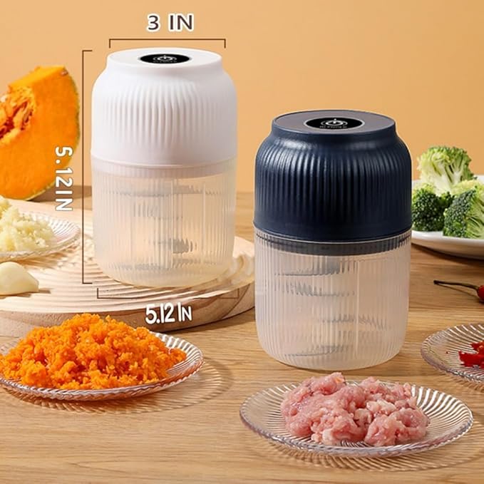 300ML USB Rechargeable Electric Garlic Chopper, Mini Portable Veggie Cutter with Eggbeater&4/6 Knife Heads, Veggie Chopper with Container and Lid, Vegetable Crusher (White A)