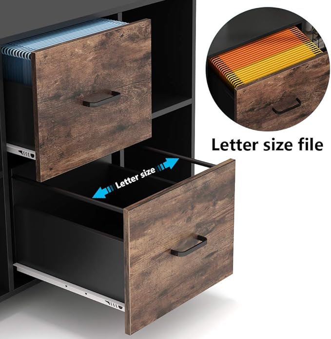 Tribesigns 2 Drawer File Cabinet, Large Mobile Lateral Filing Cabinet for Letter Size, Printer Stand with Storage Shelves and Rolling Wheels for Home Office (Black/Rustic)