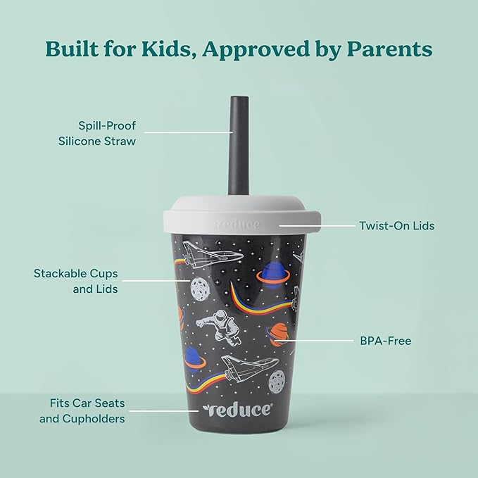 REDUCE GoGo's Kids Portable Tumbler Cups with Lids and Spill-Proof Straws - 5 Pack of Stackable 12 oz Tumblers with Twist-On Lids - Easy Storage, Dishwasher Safe - New Explorer