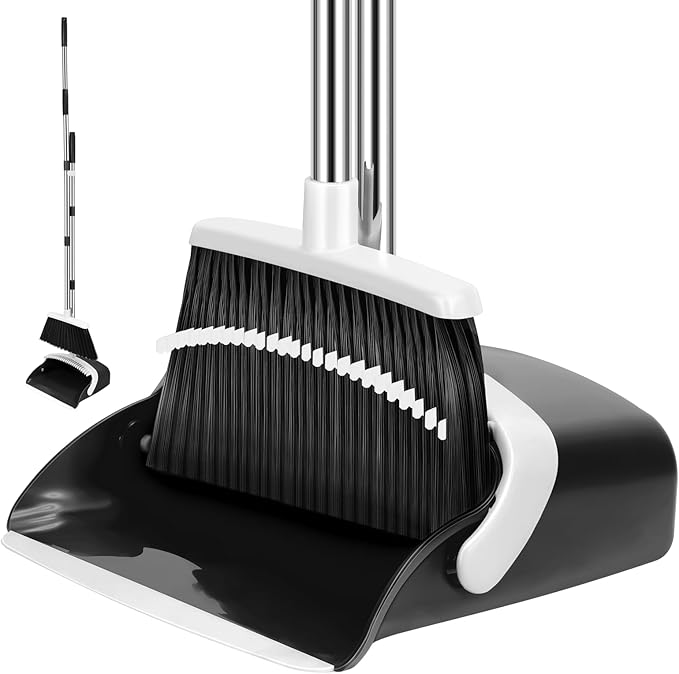 Broom and Dustpan Set, 55-in Long Adjustable Handle Broom with Dustpan Combo Set with Dustpans Teeth to Automatically Clean Hair Suitable for Home Kitchen Office Hall Lobby, Large(Black&White)
