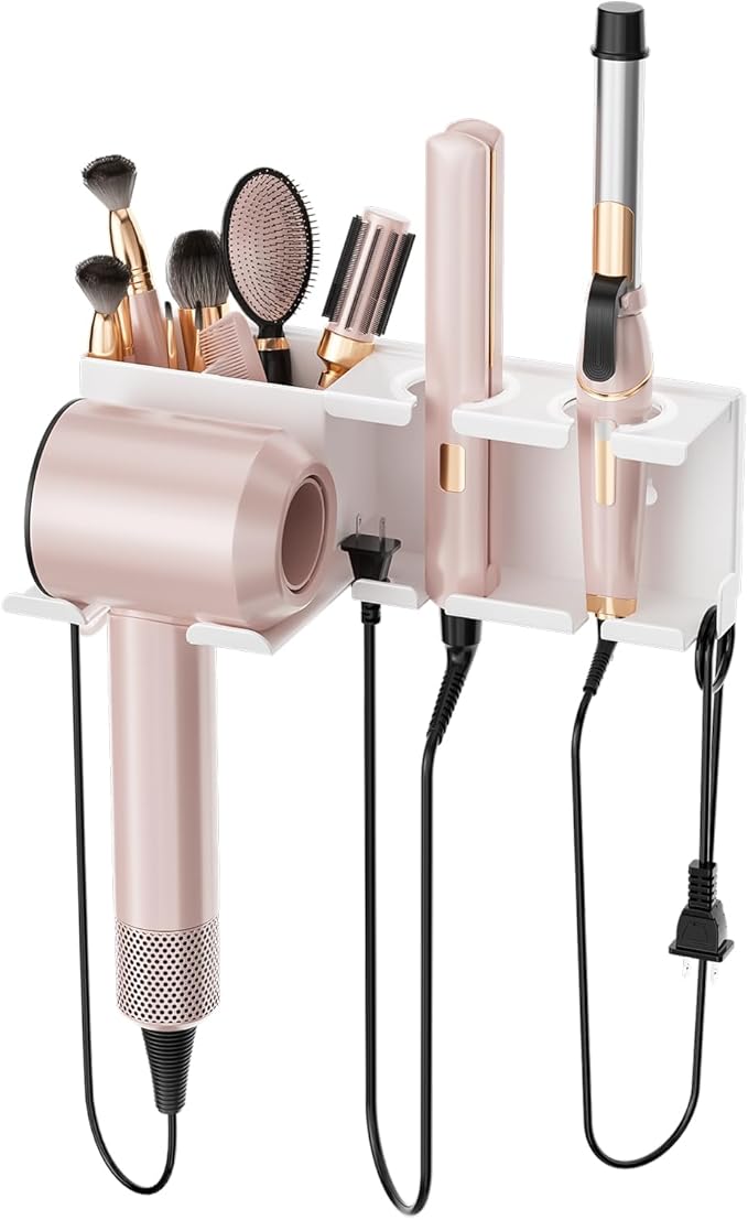 Hair Dryer Holder, Hair Tool Organizer, Blow Dryer Hanger Wall Mount for Dryer Hook, Bathroom Space-Saving Blow Dryer Organizer, Curling Irons Storage Wall Mounted White