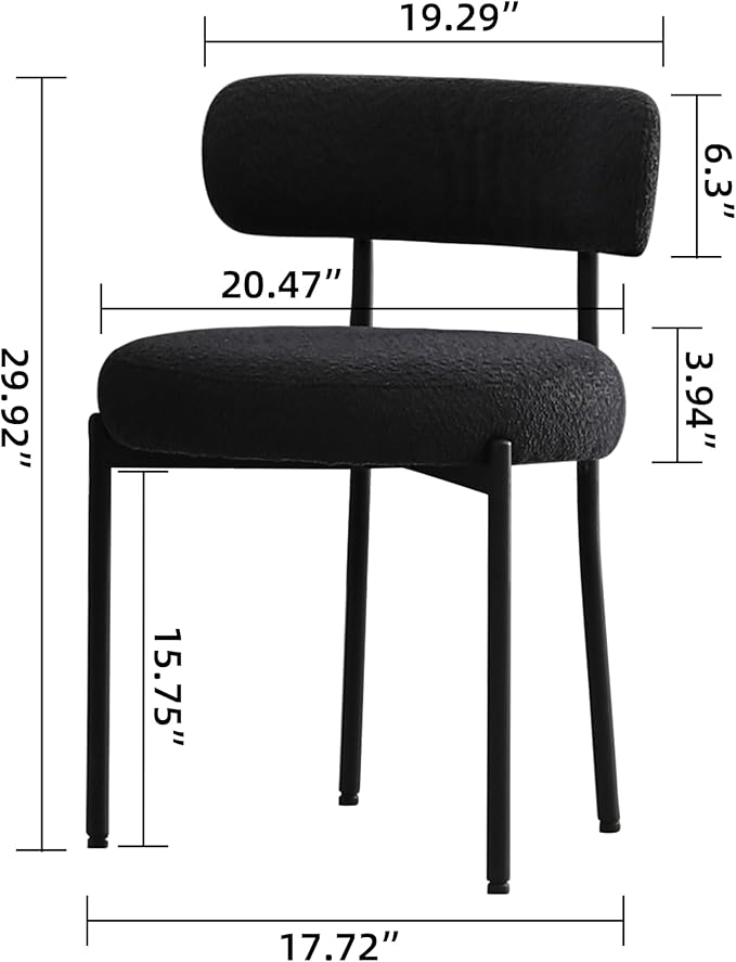 DYHOME Black Boucle Dining Chairs Set of 2, Mid Century Modern Kitchen Chairs with Curved Backrest and Metal Legs, Upholstered Dining Room Chairs
