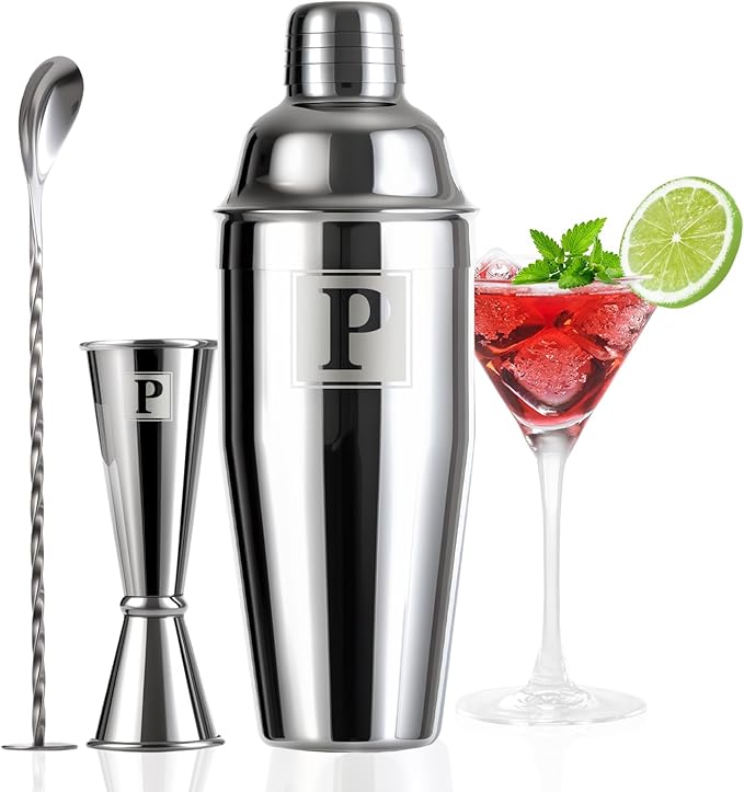 24oz Cocktail Shaker Set with 1 oz 2oz Jigger - Monogramm Initials Martini Shaker Set - 304 Stainless Steel Bar Shaker for Margarita,Mojito-Personalized Gift for Friend,Husband-P