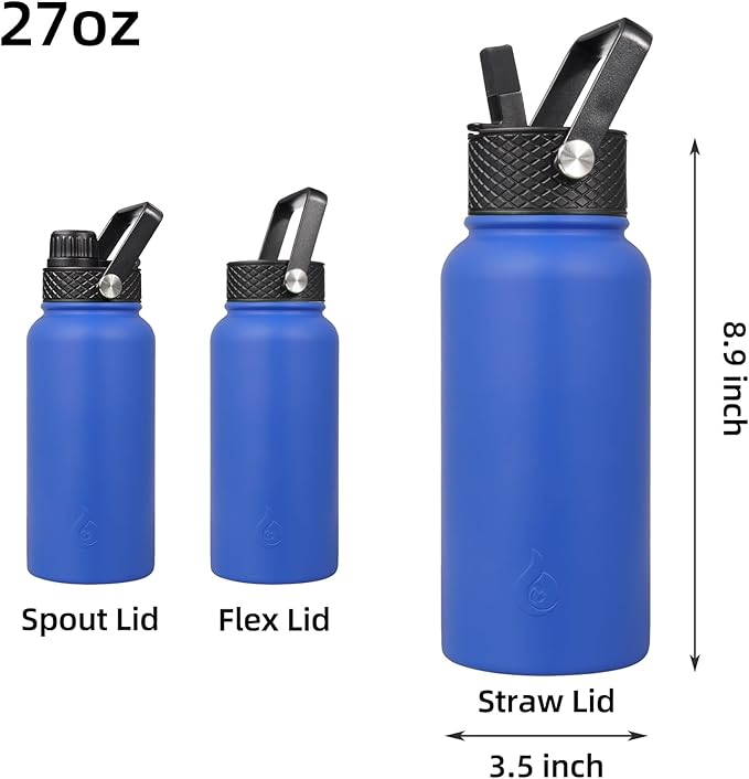 BJPKPK Insulated Water Bottles with Straw Lid, 27oz Stainless Steel Water Bottle with 3 Lids, Leak Proof BPA Free Metal Thermo, Mugs, Tumblers, Keep Cold Hot -Sapphire