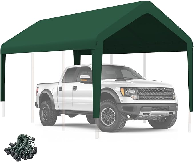 Carport Canopy 10 FTx20 FT Heavy Duty Replacement Cover, 800D Oxford Garage Shelter Cover Waterproof & UV Protected, Tarp with Ball Bungees, Not Include Frame, Dark Green
