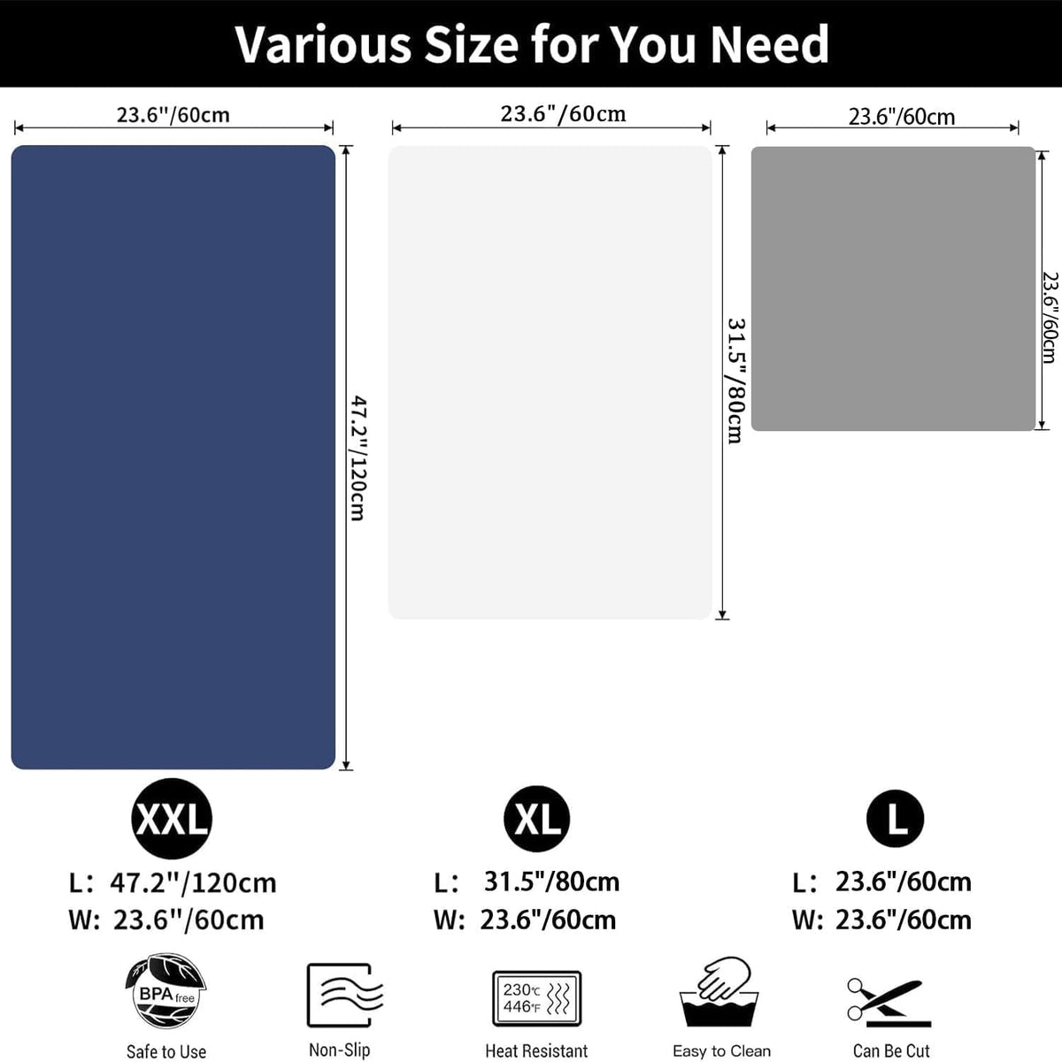 2MM Super Thick Large Silicone Mat, 23.6"x23.6"(60cmx60cm) Silicone Mats for Kitchen Counter, Non-slip Heat Resistant Mat, Waterproof Countertop Protector Mats (Deep Blue)