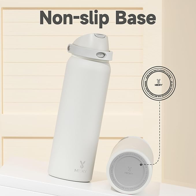 40 oz Insulated Water Bottle with Straw: Meoky Stainless Steel Metal Water Bottle with 2-in-1 Lid - Leak Proof, Cold for 24 Hours, Protective Silicone Base, BPA-Free for Sports Gym, Ivory