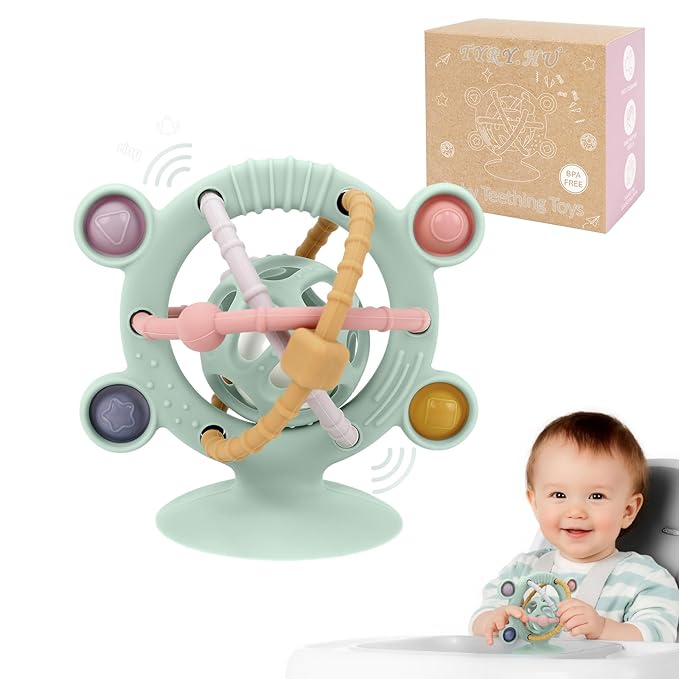 TYRY.HU Silicone Baby Teething Toys for Babies 0-6 6-12 Months, Multi Purpose High Chair Toys, Baby Suction Table Toys, Teething Relief Chew Toy, Sensory Rattle Toy with Textures for Infants, Green