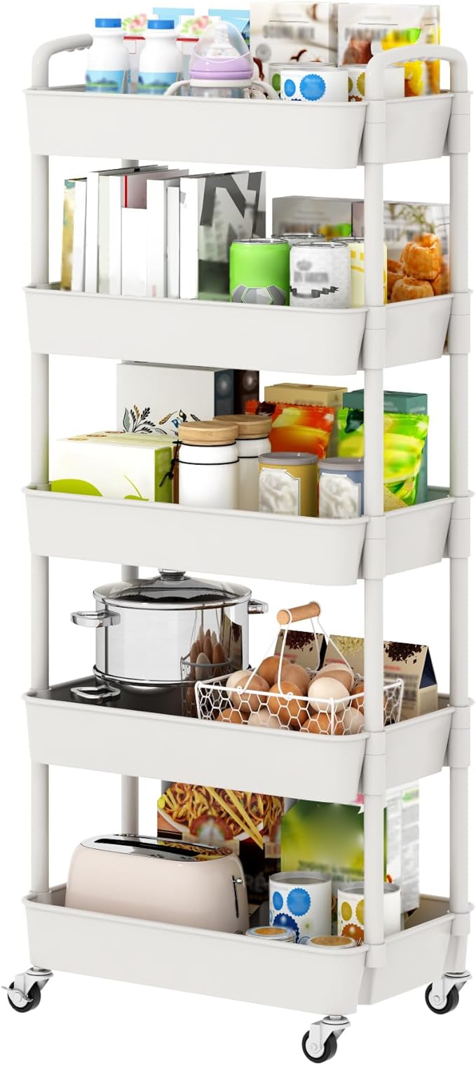 Sywhitta 5-Tier Plastic Rolling Utility Cart with Handle, Multi-Functional Storage Trolley for Office, Living Room, Kitchen, Movable Storage Organizer with Wheels, White