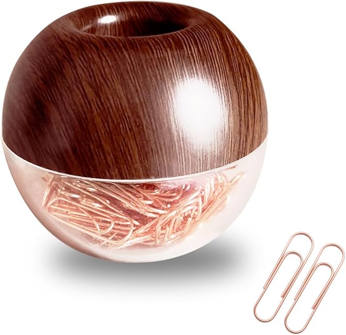 Walnut Wood Paper Clip Holder , Wooden Magnetic Paper Clip Dispenser with Rose Gold PaperClips 100pcs 28mm(1.1") Cute Office Supplies for Desk Organizer