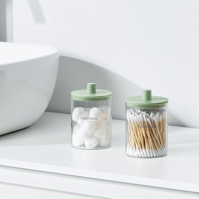 TIPGO Glass Qtip Holder Dispenser for Bathroom - 10 oz Clear Canister Apothecary Jar for Cotton Swabs, Balls, Pads, Floss Picks, Small Containers for Makeup Storage Organizer (2 Pack, Green)