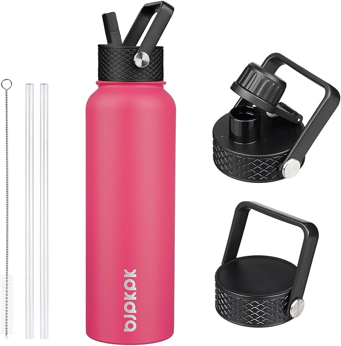 BJPKPK Insulated Water Bottles with Straw Lid, 40oz Stainless Steel Water Bottles with 3 Lids, BPA Free Leakproof Thermo, Tumblers, Cups for Sports, Gym- Rose Pink