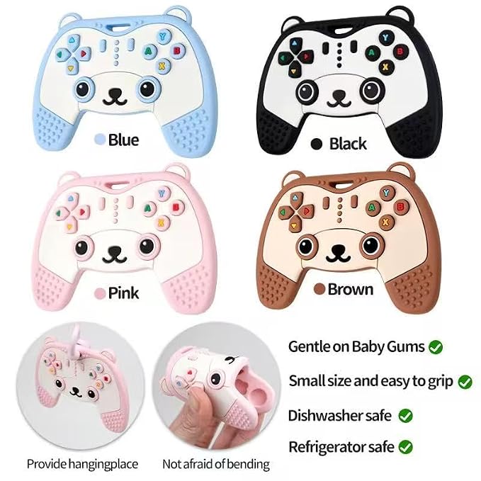 Baby Teething Toy, Soft TV Remote and Game Controller Shape Chew Set, Educational Toy for Intellectual Development, Safe Silicone for Toddler and Infant (Black (Panda Handle + Lion Remote Control))