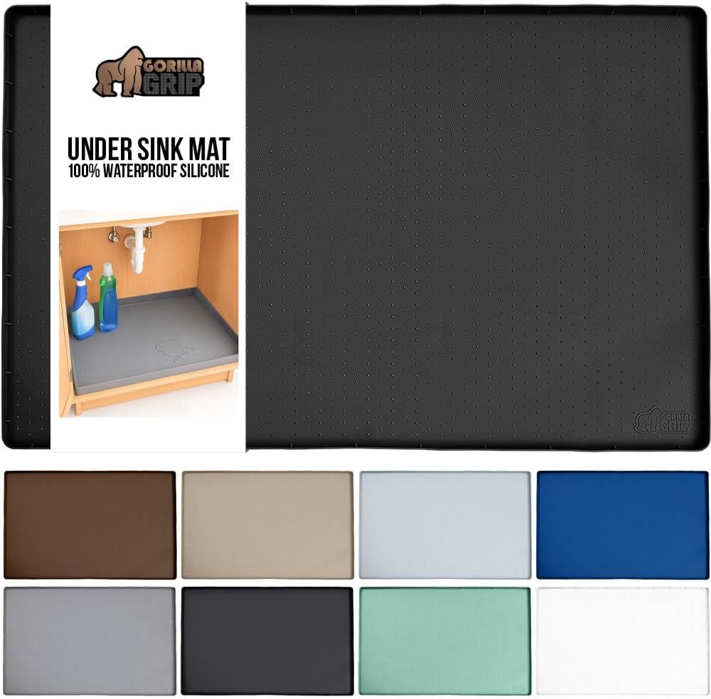 GORILLA GRIP Waterproof Silicone Under Sink Mat with Raised Lip for Kitchen and Bathroom, Cabinet Shelf Liner Stay in Place Mats Dishwasher Safe Drawer Liner, Organizer Tray, 19 x 22 in, Black