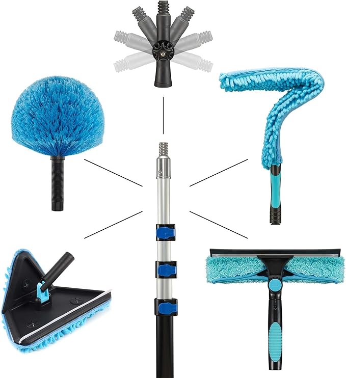 20 Foot Wall Cleaner Mop with 12 Ft Heavy Duty Extension Pole, 3-in-1 High Ceiling Cleaning Tool with 4 Microfiber Chenille Pad, Cobweb Duster, Fan, Baseboard, Window Squeegee Kit (12ft)