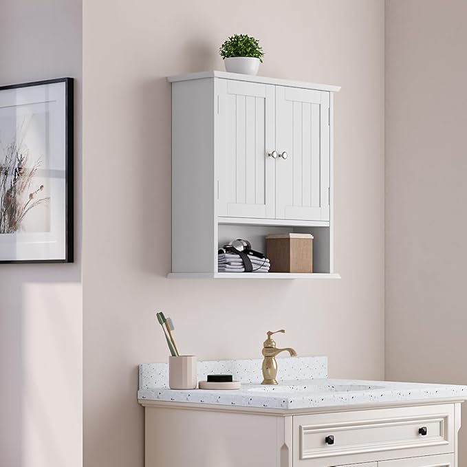 Bathroom Wall Cabinet, Bathroom Cabinet Wall Mount with 2 Doors and Open Shelf, Over The Toilet Wall Storage Cabinet, Bathroom Medicine Cabinet