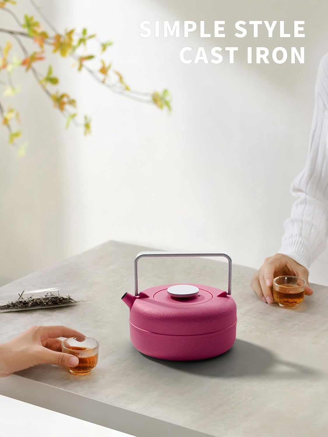 Toptier Teapot with Removable Infuser, Cast Iron Tea Kettle Stovetop Safe, Solid Geometry Cylinder Design Tea Pot Coated with Enameled Interior for 27 Ounce (800 ml), Rose Red