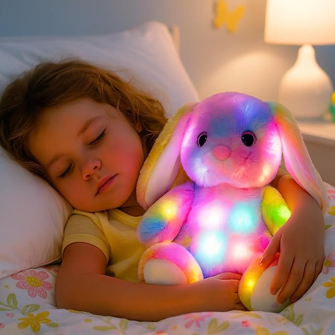 Hopearl LED Plush Bunny Colorful Lighting Up Stuffed Animal Rabbit Floppy Night Lights Glow in The Dark Birthday Festival for Kids Toddler Girls, Rainbow, 10''