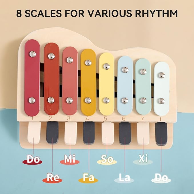 IEATFO 2-in-1 Piano Xylophone Wooden Musical Toy for Toddlers 1-3, Educational Musical Learning Instruments with 8 Colorful Keys, 5 Classic Song Sheets, Montessori Sensory Music Set for Girls Boys