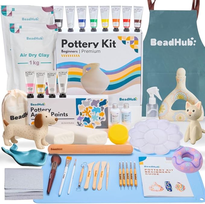 Pottery Kit for Beginners, 4.4LBS Air Dry Clay for Adults with Sculpting Tools, Paint, Glaze, 2kg Air-Dry Modeling Clay | Molding, Sculpt & Painting Set, Hobby Date Night DIY Art Craft Kits (White)