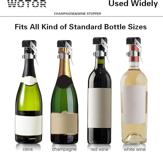 WOTOR Champagne&Wine Bottle Stoppers Stainless Steel with Food Grade Silicone, Leak Proof Keep Fresh Reusable Saver, Cork Suitable for Wine, Champagne, Cava, Prosecco and Sparkling (12 Pack Silver）