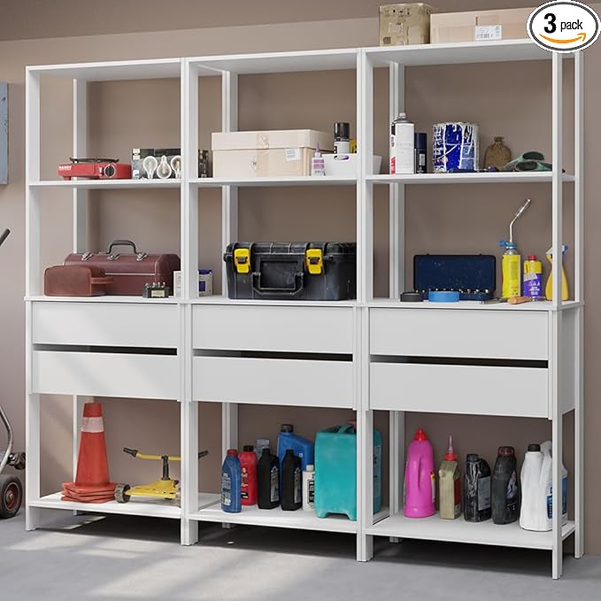 Madesa Garage Storage Rack with 6 Drawers and Open Shelves 82" L Multiuse Modular Organization Cabinet for Tools (WHITE)