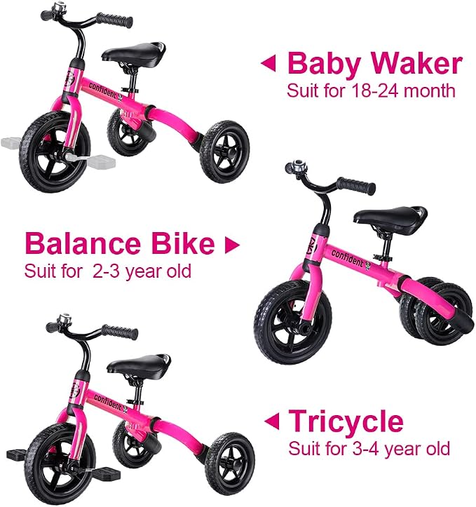 YGJT 3 in 1 Tricycle for Toddlers Age 2-5 Years Old, Folding Kids Balance Bike with Adjustable Seat and Removable Pedal, Toddler Bike Ride-on Toys for Infant, Gifts for Baby Boys Girls Birthday(Pink)