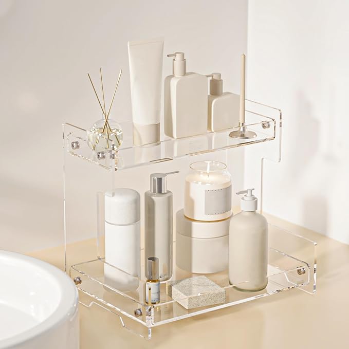 Bathroom Counter Organizer Countertop 2 Tier Storage Acrylic Corner Makeup Organizer for Perfume Stand, Vanity Holder, Dresser Tray, Spice Rack, Skincare, Coffee Bar, Room Decor (Clear)