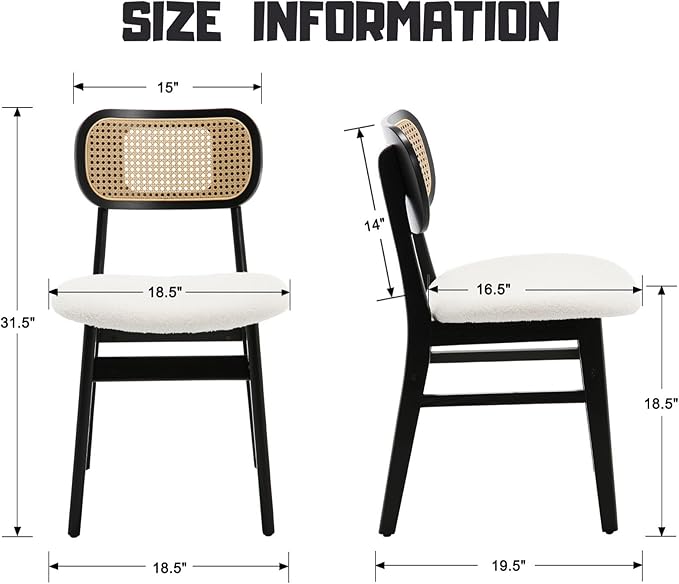 Black Rattan Dining Chairs Set of 4 Lambswool Dining Room Chairs Natural Wooden Kitchen Chairs Farmhouse Boho