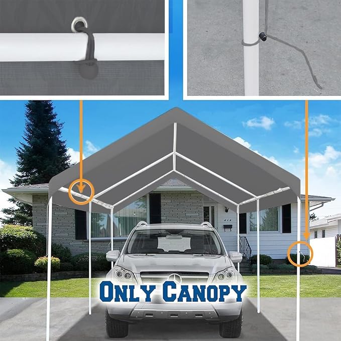 Rutile 10 x 20 FT Carport Replacement Cover, Heavy Duty Car Tarp Canopy Tent Replacement Top w/Ball Bungees Gray (Only Top Cover, Frame is not Included)