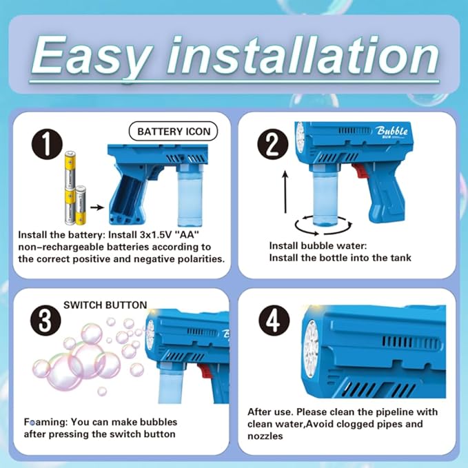 Light Up Bubble Machine Gun for Kids,Blue 10-Hole Automatic Bubble Gun forToddlers 1-3, Durable Handheld BubbleGun with Refill Solution for Kids Ages 4-8, Wedding Easter Party OutdoorBubble Toys(blue)
