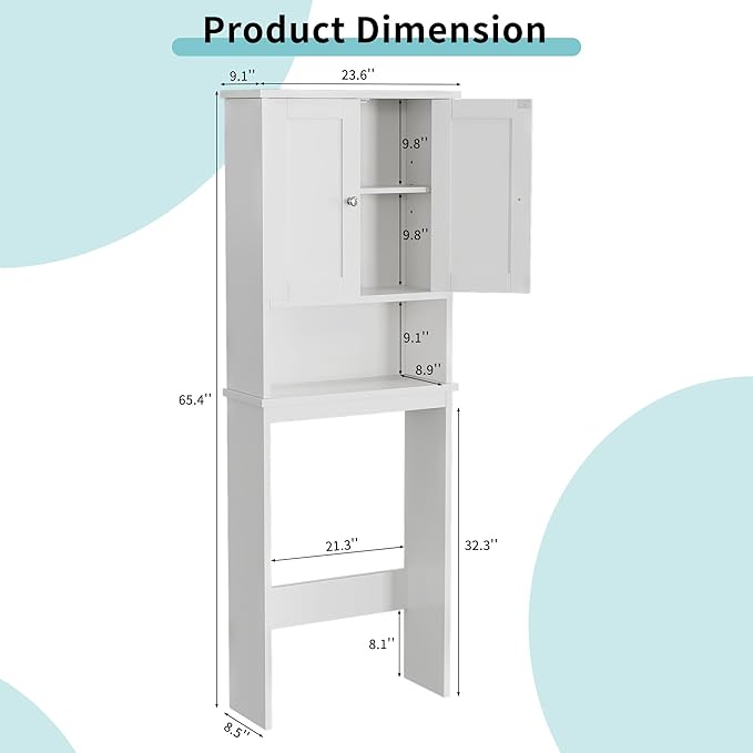 Shintenchi Over The Toilet Storage Cabinet, Bathroom Shelf Organizer with Anti-Tip Device Small Freestanding Space Saver with Adjustable Shelf，White
