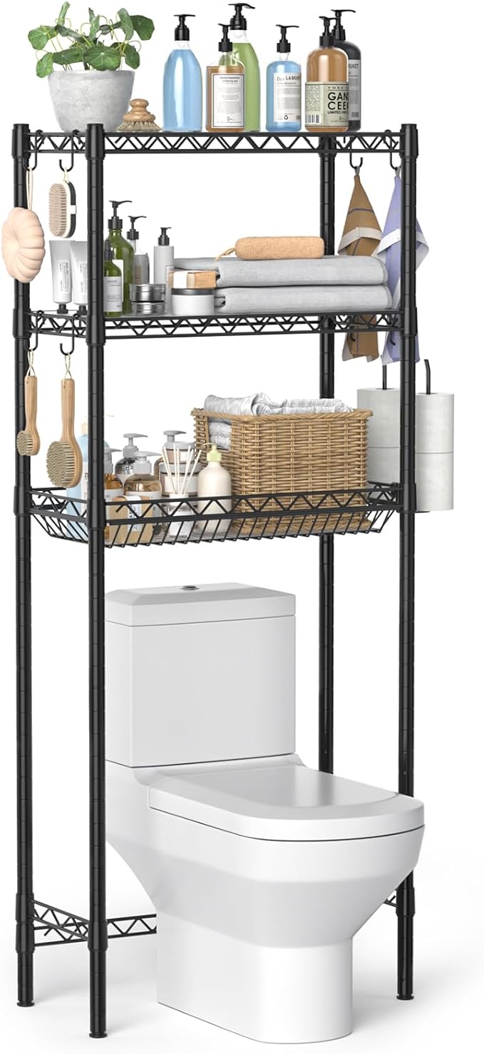 Over The Toilet Storage Shelf, Adjustable Bathroom Organizer with Toilet Paper Holder & 8 Hooks, 3 Tier Sturdy Metal Space Saver for Bathroom/Kitchen, Easy Assembly Above Toilet Shelf, Black
