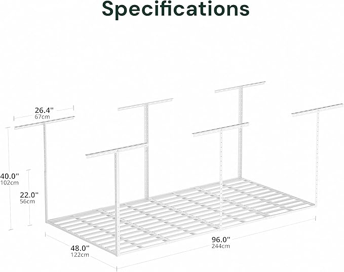SunsGrove 4x8 Garage Storage Overhead Rack Organization, Adjustable Ceiling Mounted Storage Racks, 800LBS Weight Capacity, 22"-40" Ceiling Dropdown, 2 Pcs, White