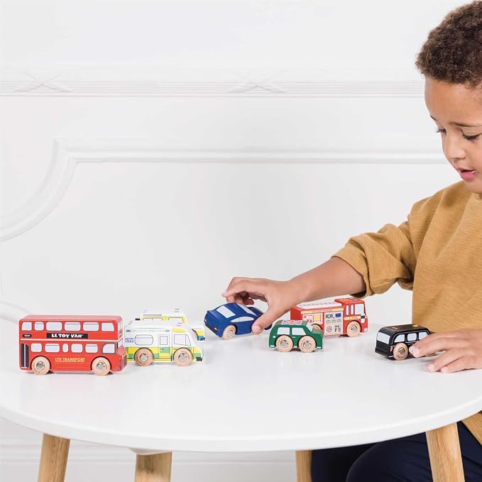 Le Toy Van London Car Set Premium Wooden Toys for Kids Ages 3 Years & Up (TV267), 7-pk