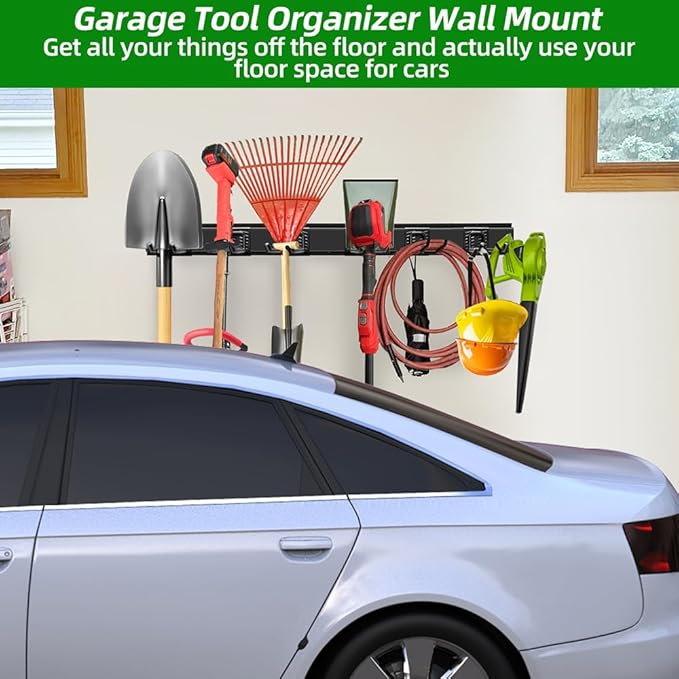 Garage Organization, Garage Wall Organizer with 48 inches Rails and 6 Hooks, Tool Organizers Heavy Duty, Shovel Holder Wall Mount Max Load 360 LBS, Sturdy Garden Tool Rack for Folding Chairs