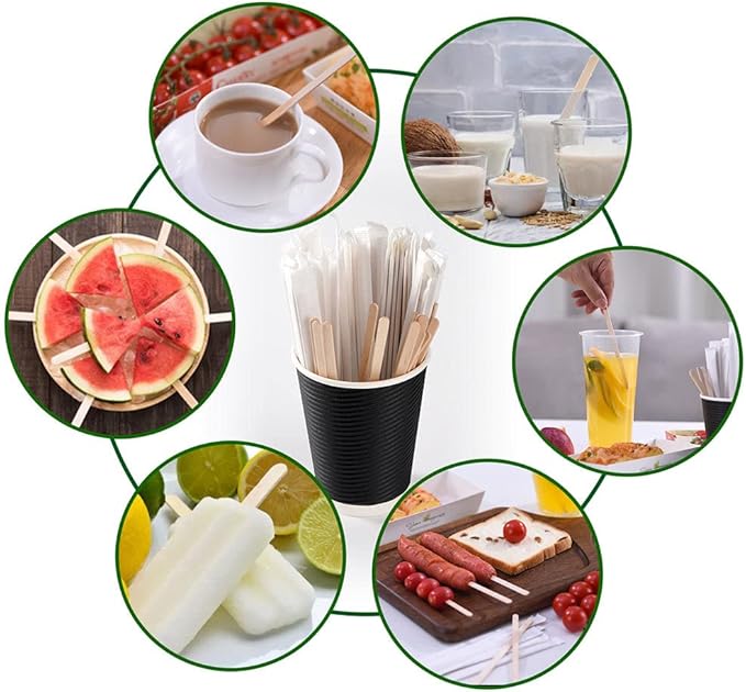 MFJUNS 500pcs Individually Wrapped Wooden Coffee Stirrers - 5.5" Coffee Stir Sticks, Round End Disposable Stir Sticks, For Coffee, Cocktail and Hot Drinks