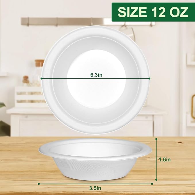 Paper Bowls 12oz, Disposable Bowls Heavy Duty, 50-Pack 100% Compostable Disposable Soup Bowl, Biodegradable Bagasse Paper Bowls Bulk for Party, Camping, Birthday, Festivals-White