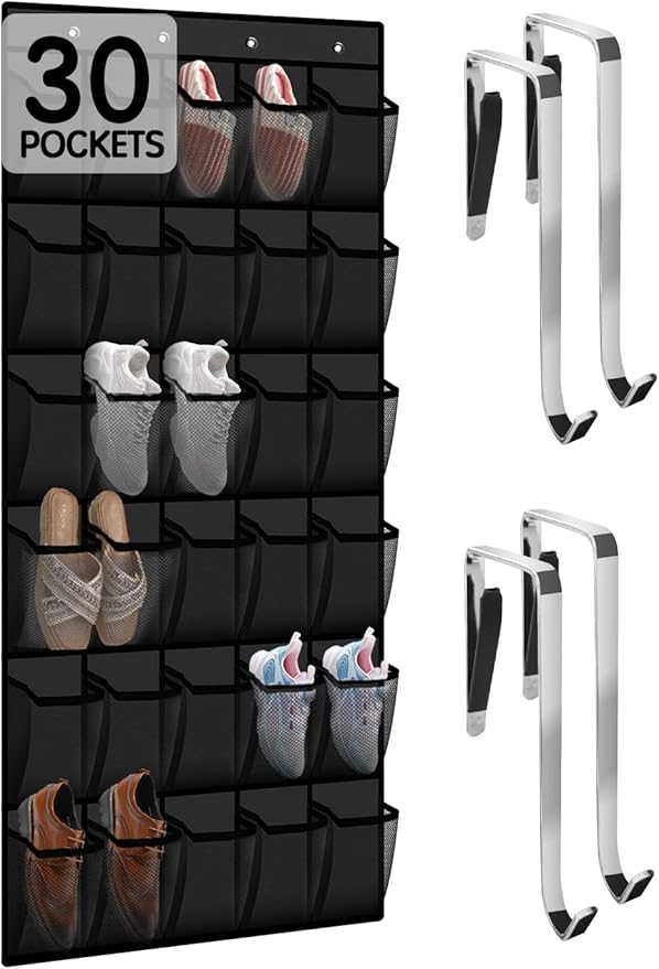 Over the Door Shoe Organizer with 30 Breathable Mesh Pockets - Large Capacity Closet Storage for Men & Women, Hanging Shoe Rack Organizer (Solid black)
