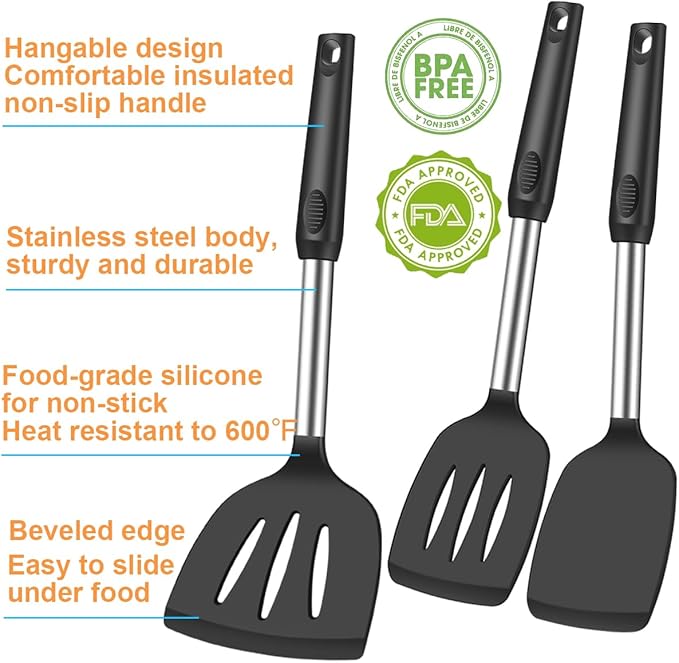 Spatula Set Silicone Heat Resistant for Nonstick Cookware Rubber Silicone Spatula Turner Fish, Large Nonstick Plastic Egg Wok Spatula for kitchen use Cooking Utensils Set