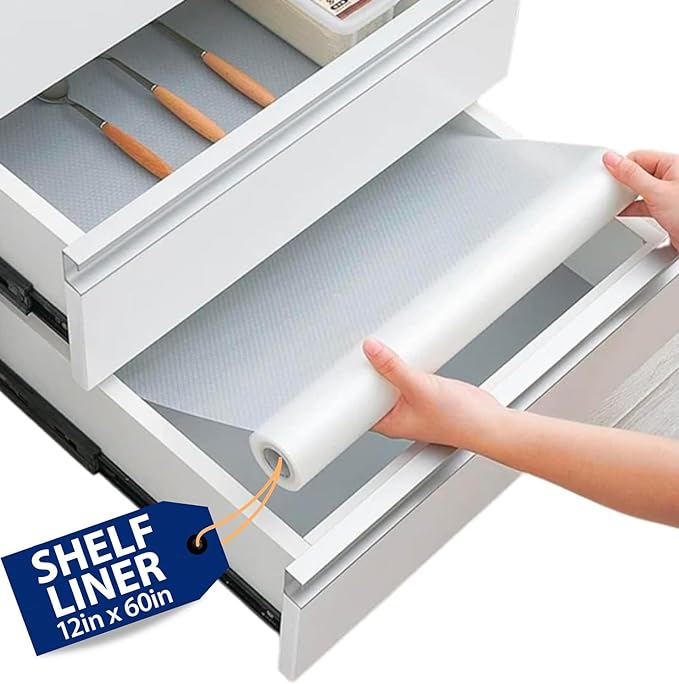 Shelf Liner Drawer Liner for Kitchen Cabinets Non-Adhesive by Linda’s Essentials (12 x 60 Inches) - Non-Slip Easy Clean Kitchen Cabinet and Cupboard Protector, Waterproof Mat, Clear Roll