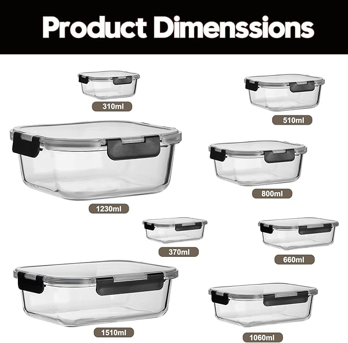 8 Pack Glass Meal Prep Containers with Lids, Extra Thick Airtight Food Storage Set (310ml-1510ml/10.5oz–51oz), Leakproof Lunch Boxes for Leftovers