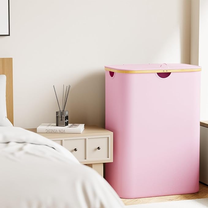 SpaceAid Double Laundry Hamper 2 Section with Lid and Removable Laundry Bags, 160L Clothes Basket with Bamboo Handles, Large Collapsible Hamper for Bedroom, Bathroom, Dorm, Laundry Room - Pink